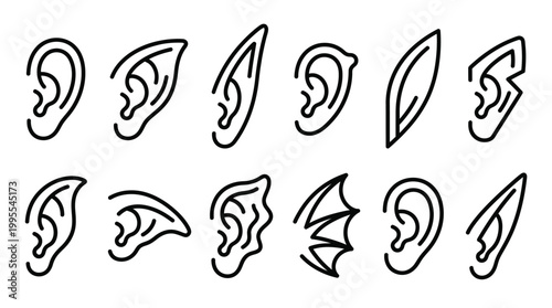 Fantasy ears icon set featuring various pointed and stylized ear shapes for mythical creatures and characters.