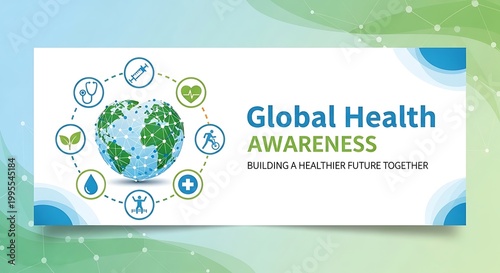 People holding hands around a green Earth with health icons nearby outdoors