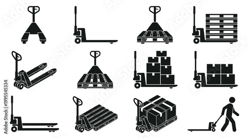 Collection of black silhouette pallet jack icons depicting various uses, such as moving empty pallets, loaded pallets, and boxes, presented in a graphic style