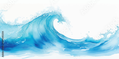 A powerful ocean wave with a beautiful blue curl and white foam crest captured in a dynamic watercolor illustration for a refreshing summer theme
