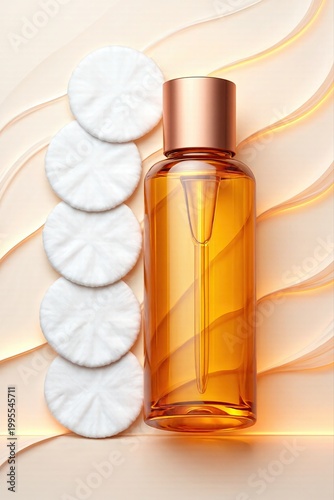 Amber cleansing oil bottle with cotton pads in a clean beauty layout