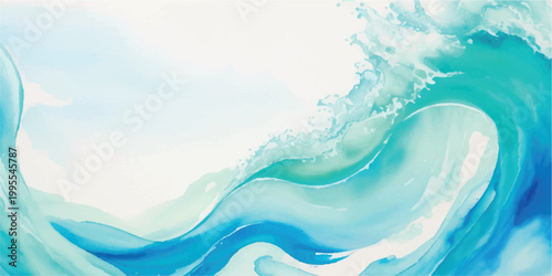 Abstract watercolor painting depicting the dynamic movement and splashing of a turquoise ocean wave curling against a bright sky with soft light highlights