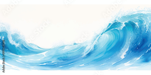 Dynamic ocean wave with splashes of white water cresting and curling in vibrant blue watercolor style with abundant empty space