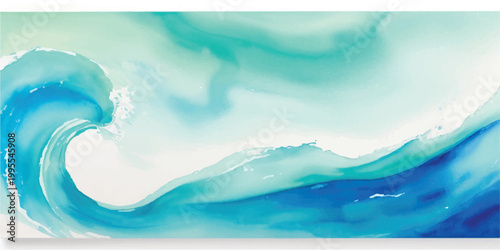 Abstract watercolor painting of a curling ocean wave in vibrant shades of blue and green creating a sense of movement and energy