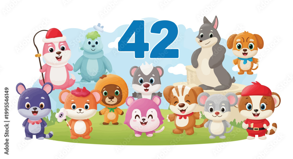 Fototapeta premium A group of cartoon animals standing on green grass with number 42