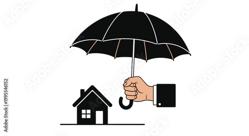 Hand holding umbrella protecting a house from the elements with a protection concept