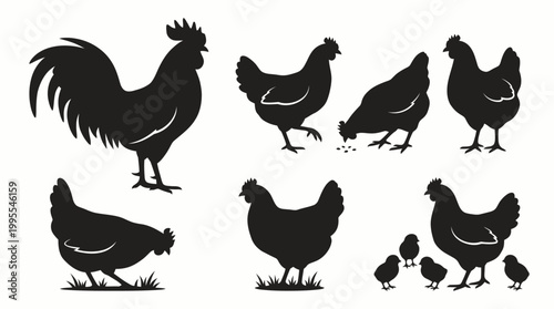 Chicken Silhouette Icons Collection of Rooster, Hen, Chick Designs for Farm, Poultry, Agriculture, and Graphic Illustration