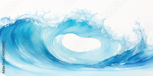 Artistic watercolor rendering of a powerful ocean wave cresting and curling with frothy white splashes and translucent blue water on a bright clean background