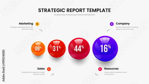 Enterprise Campaign Frame Template Vector Illustration. Company Portfolio Four Element Diagram Presentation Design. Marketing Overview 4 Option Graph Slide Layout.
