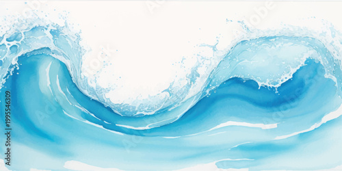 Dynamic watercolor painting captures the powerful surge of a breaking ocean wave with detailed splashes and foam against a clean white background