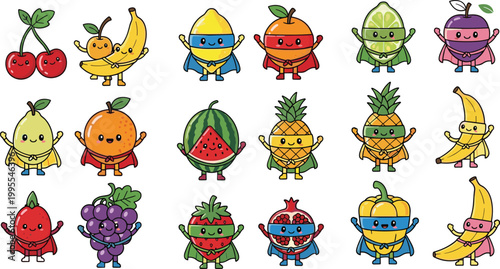 Cute Kawaii Fruit Superheroes Vector Collection Featuring Banana Watermelon Strawberry Grapes Pineapple and Orange Characters with Capes and Masks for Healthy Eating Education Graphic Design