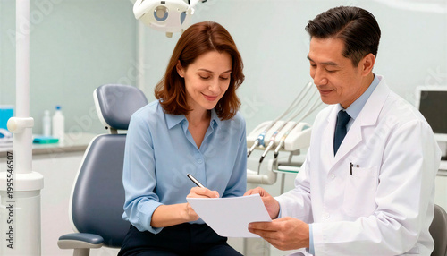 Patient signs a consent form for dental treatment with a dentist in a modern clinic

