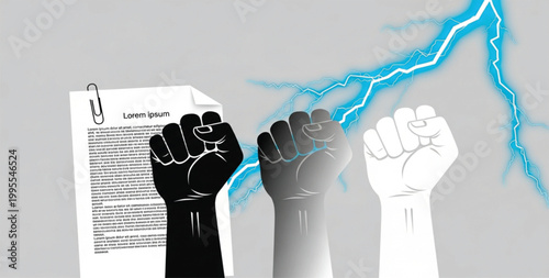 Raised Fists with Document and Electric Energy Background Symbolizing Protest Rights Activism Resistance Power and Social Movement Concept