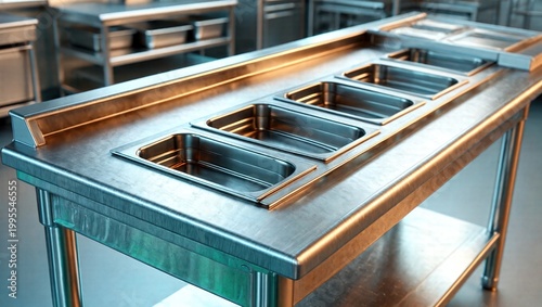 Stainless prep table with inset pans in a professional kitchen workspace