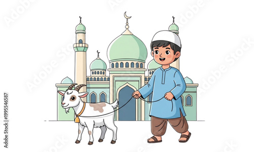 Muslim boy with sacrificial goat 