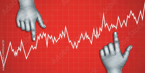 Hands Pointing at Rising Stock Market Line Chart on Red Background Representing Trading Analysis Growth and Investment Performance