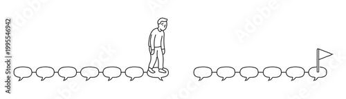 話し途中で言葉を忘れ、頭が真っ白になった男性と途切れた吹き出しの道のイラスト｜チャコールブラックの線画で描かれたスノーホワイト背景