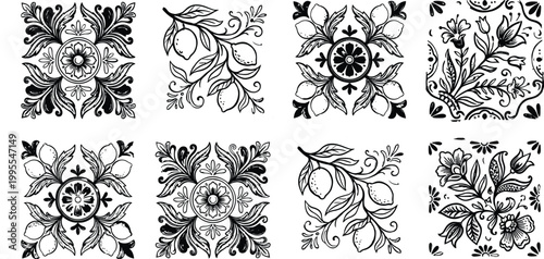 Decorative italian style floral tiles with lemons and intricate botanical ornaments in vintage ink style.