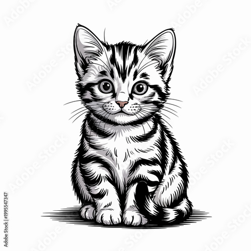 Kitten Sitting Hand Drawn Illustration Vintage Engraving Style
