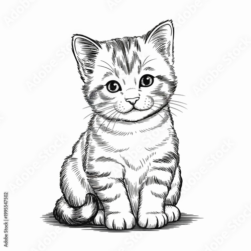 Cute Kitten Hand Drawn Illustration Vintage Engraving Style
