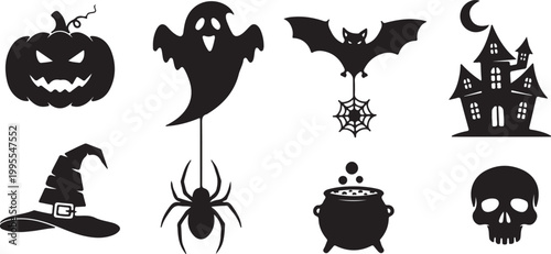 Large grid of fifteen black silhouette jack-o-lantern pumpkin faces with various spooky, funny, and scary expressions