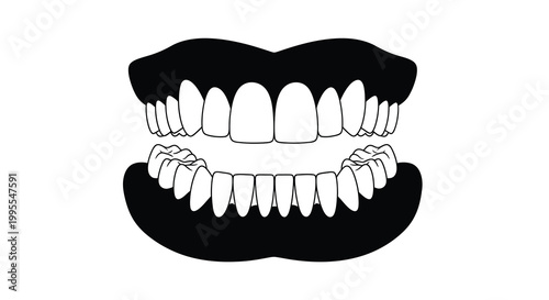 A black and white illustration of open lips revealing teeth