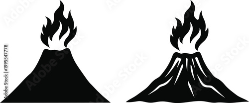 Two stylized black silhouette illustrations of volcanic eruptions with lava and ash plumes