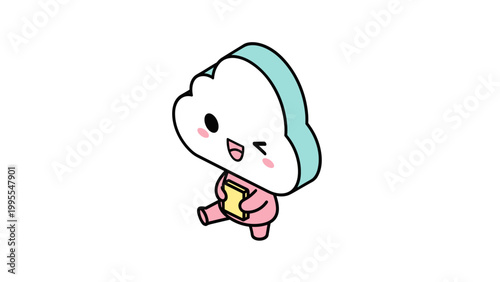 Cute cloud character, cartoon mascot, smiling face, pink outfit, blue headband