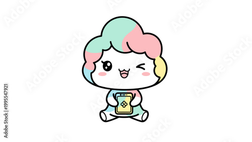 Cute cartoon character, colorful pastel avatar, winking face, digital sticker, emoticon