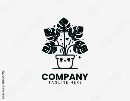Black vector Monstera deliciosa plant logo in a cute ceramic pot on white background.