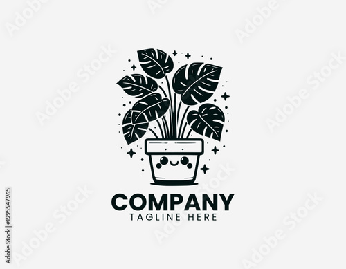 Black vector Monstera deliciosa plant logo in a cute ceramic pot on white background.