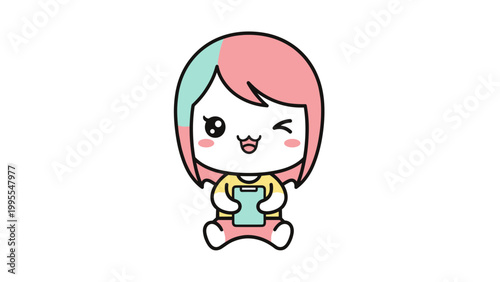 Cute cartoon girl, pink blue hair, winking face, puzzle piece, colorful illustration, vector sticker