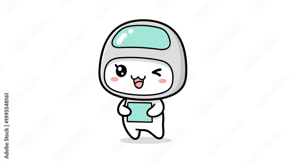 Fototapeta premium Cute astronaut character, cartoon mascot, space explorer, white and teal vector illustration