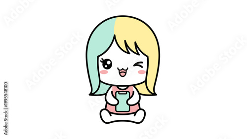 Cute cartoon girl, pastel hair, winking face, colorful illustration, vector character