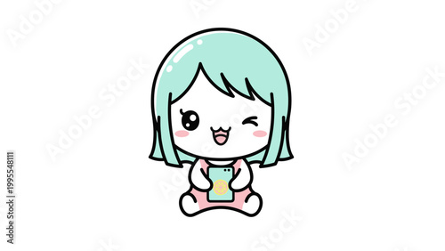 Cute cartoon girl, smiling anime character, green hair, winking face, colorful sticker
