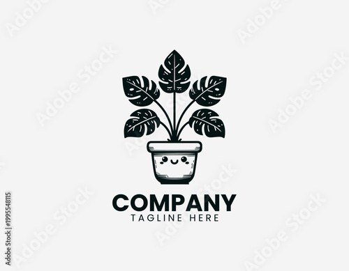 Black vector Monstera deliciosa plant logo in a cute ceramic pot on white background.