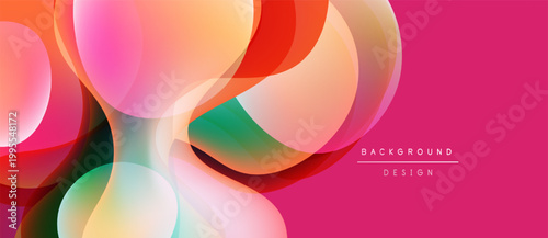 Abstract colorful shapes overlap, creating dynamic visual flow. Pink background enhances vibrant hues, modern design element.