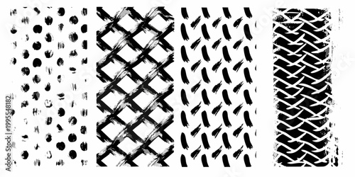 Four abstract black and white patterns resembling tire tread designs