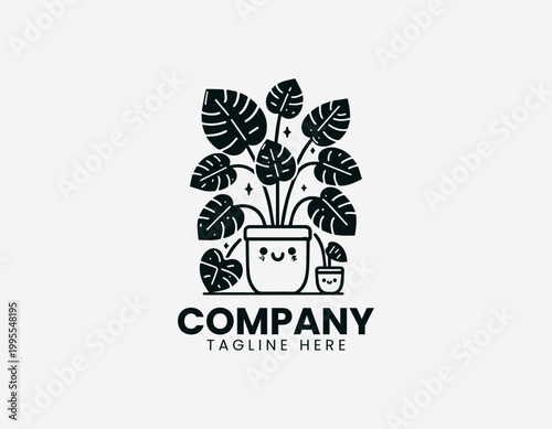 Black vector Monstera deliciosa plant logo in a cute ceramic pot on white background.