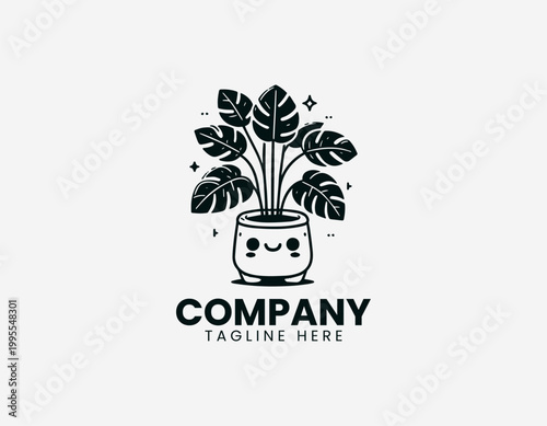 Black vector Monstera deliciosa plant logo in a cute ceramic pot on white background.