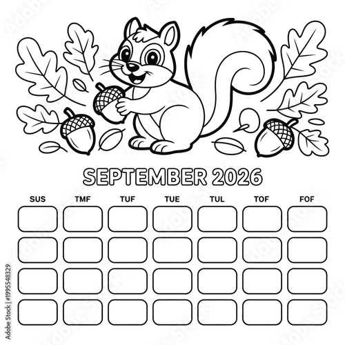 September 2026 calendar coloring page with cute squirrel, acorns, and oak leaves