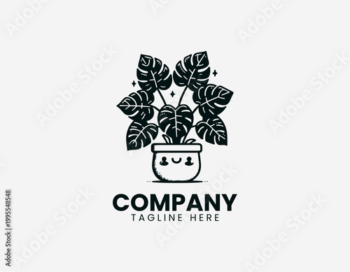 Black vector Monstera deliciosa plant logo in a cute ceramic pot on white background.