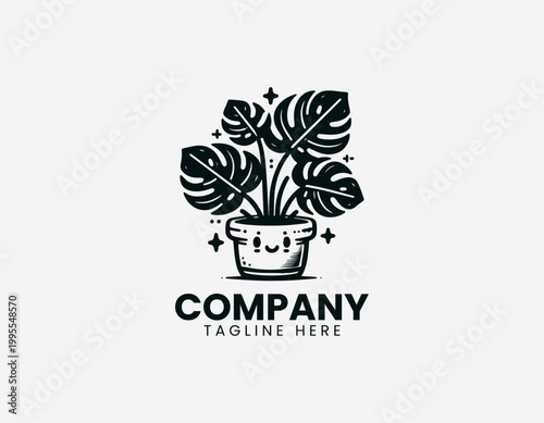 Black vector Monstera deliciosa plant logo in a cute ceramic pot on white background.