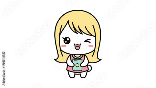 Kawaii blonde girl character holding smartphone, cute anime chibi girl winking, adorable cartoon mascot for mobile apps and social media