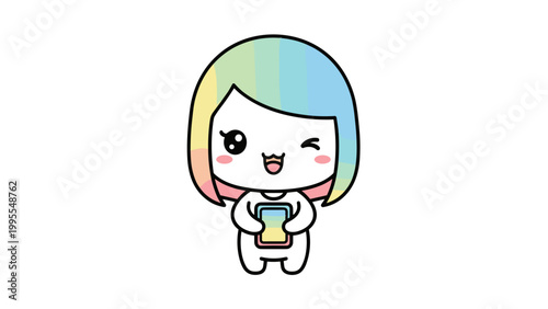 Kawaii anime girl vector illustration, cute chibi character with rainbow hair holding smartphone, happy winking mascot for mobile apps and social media