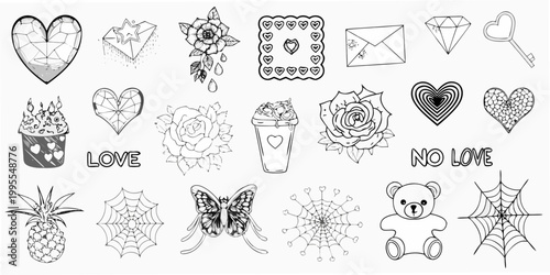 Collection of hand drawn love themed illustrations in black and white