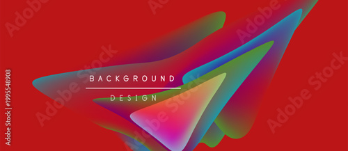Abstract vibrant shapes overlap red background. Modern design elements create dynamic visual impact. Smooth gradients enhance aesthetic appeal.