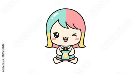 Kawaii anime girl vector illustration, cute chibi character with pastel hair, happy winking cartoon mascot for stickers and social media