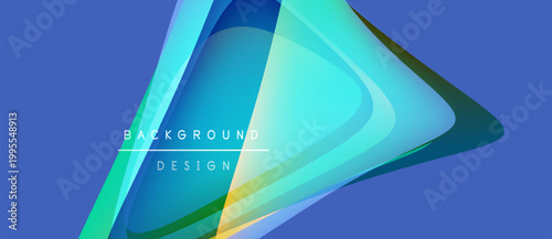 Abstract background design features layered shapes, vibrant colors. Blue, green hues create dynamic visual effect. Text reads background design.
