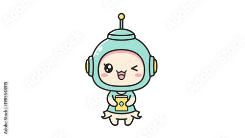 Kawaii robot character vector illustration, cute futuristic cyborg mascot with winking face, friendly mint green android holding yellow device